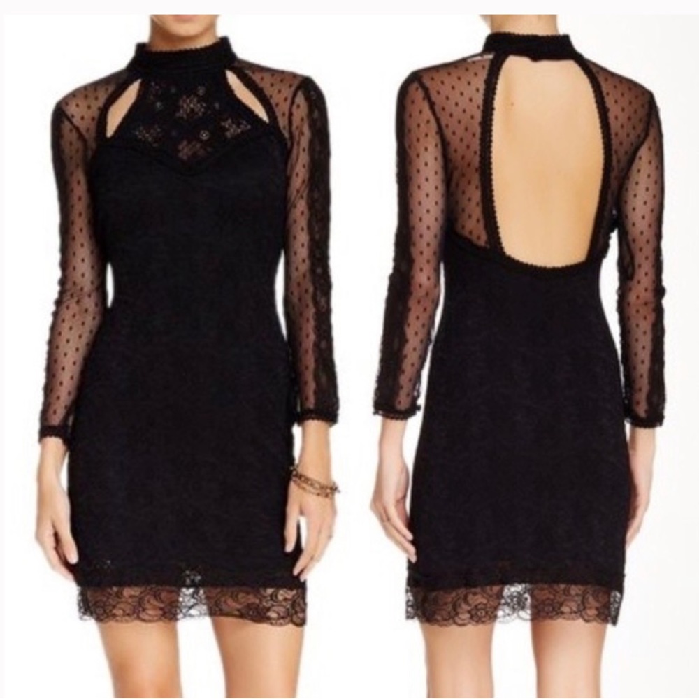 Free People Karlton Black Long Sleeve Lace Cocktail Dress with Cut Outs XS